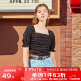 西遇复古方领针织短袖女2024年夏季新款褶皱高腰短款t恤女纯色小个子 黑色(D0300873) S