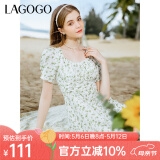 lagogo方领法式碎花连衣裙女拉谷谷春夏新款收腰显瘦泡泡袖长裙 混色(Y0) M 160/38