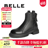 百丽（Belle）舒适休闲靴女商场同款真皮复古靴B7E1DDD4 黑色-薄绒 36 (230mm)