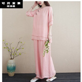 菲洛曼（FEILUOMAN）禅服佛系女春夏棉麻套装女高端亚麻中国风茶服新中式禅意居士服 粉红色 L【建议115-125斤】