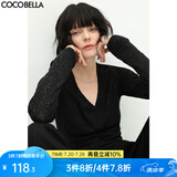 COCOBELLA前后两穿领型满天星亮片针织衫女秋时尚V领打底衫TS642 黑色 S