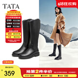 他她（TATA）黑色V口长筒靴女英伦加绒抗寒高筒靴骑士靴冬季G5JA1DG2 黑色（单里） 37