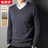 恒源祥100%纯羊毛衫男V领加厚重磅400G毛衣秋冬新款中青年保暖针织衫男 中灰 L 175/50/110