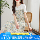 熙世界sllsky假两件碎花连衣裙女2025夏季新款短袖圆领不规则荷叶边裙子 橄榄石绿 M