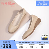 金利来（goldlion）女鞋坡跟皮鞋时尚圆头牛皮浅口一脚蹬单鞋女 G662320016杏色38