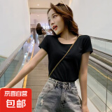 T恤女短袖修身夏季女装潮流紧身体恤上衣圆领黑色 纯黑色短T L
