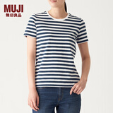 无印良品 MUJI 女式 印度棉天竺编织 圆领短袖T恤 BBB01A0S 深海军蓝X条纹 S