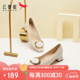 红蜻蜓女士粗跟小香风皮鞋职业通勤妈妈鞋高跟鞋单鞋 WFB31540米白色40