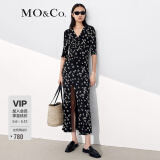 MO&Co.夏季V领开衩立裁印花长裙MBA2DRST29 摩安珂moco 黑底白花色 S