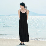 茵曼女装吊带碎花印花连衣裙春夏季海边度假风长裙子 黑色 M