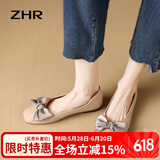 ZHR平底单鞋女蝴蝶结浅口豆豆女鞋舒适百搭气质方头牛皮鞋AH168 杏37