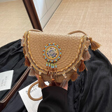 桂岐民族风流苏小包包女时尚小众设计编织水桶包春夏单肩斜挎包 编织斜挎包【卡其色】