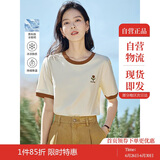 茵曼凉感撞色绣花女装正肩短袖t恤2025夏季新品打底衬衫上衣 梨花杏 L