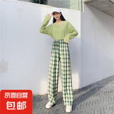 复古格子裤新款女阔腿裤保暖高腰直筒韩版学生休闲裤 绿格子 薄款 均码 (80-150斤)