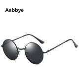 Aabbye新款偏光太阳镜墨镜防紫外线经典小圆框复古太子镜简约眼镜男女 01黑框黑灰片