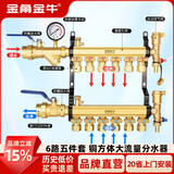 金角金牛地暖地热集分水器黄铜大流量方体加厚主管32/1寸支路20/4分 6路方体大流量铜分水器五件套