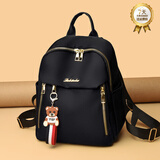 巨森袋鼠女款洋气牛津布背包女士双肩包便携上班小型书包旅游休闲轻便春季 黑色+彩条熊挂件