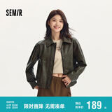森马外套女翻领宽松酷飒风春秋复古质感PU仿皮夹克109524108004