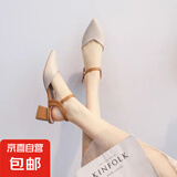 2025新款夏季包头凉鞋女粗跟尖头鞋中跟一字带法式高跟鞋子仙女风 深棕色 37