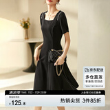 尚都比拉短袖连衣裙女夏季时尚通勤中长款a字裙钉珠收腰显瘦裙子 黑色 S