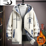 浪古 LAWKUL连帽外套男秋冬季潮流无羽休闲绒服加绒加厚男装保暖衣服冬装夹克 米白色 加绒 XL