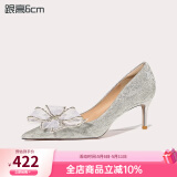 Lily Wei怦然心动法式高跟鞋仙女水晶婚鞋细跟尖头新娘蝴蝶结 银色【跟高6厘米】 38
