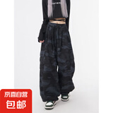 美式高街复古hiphop炸街迷彩工装裤女显瘦裤子大码束脚裤ins潮牌 黑色 M