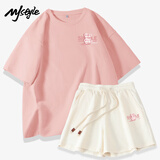 MJ STYLE纯棉短袖华夫格短裤套装女2025夏季宽松休闲时尚百搭运动风两件套