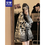 罗蒙（ROMON）高级感复古提花流苏毛衣开衫外套女秋冬中长款宽松慵懒风早春针织 黑白拼色 L -105-115斤拍