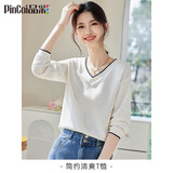 品彩（PinCai）长袖t恤女v领拼色设计时尚精致典雅气质上衣打底衫 P13KT2343