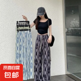 新中式阔腿裤女夏季2025新款垂感百搭水墨蝴蝶直筒国风家居裤 扎染黑色裤子 均码 适合80-130斤