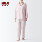 无印良品（MUJI） 女式 无侧缝双层纱织睡衣女士家居服春秋纯棉条纹格纹长袖 女款 浅粉红色格纹 S (上装155/80A下装155/62A)