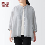 无印良品 MUJI 女式 水洗 棉强捻 七分袖罩衫 BCA36A2S 深灰色条纹 M-L