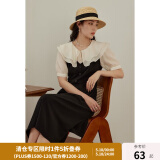 独束大码女装【双色可选】法式茶歇娃娃领连衣裙女夏装微胖mm裙子 芝麻黑 XL