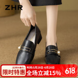 ZHR单鞋女复古方头珍珠扣乐福鞋女粗跟增高两穿显瘦女鞋 K170黑色 36