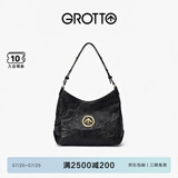 GROTTO个乐经典黑石hobo包大小号植鞣绵羊皮腋下单肩斜挎软包礼物 经典黑 金标S
