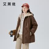 艾莱依羽绒服女假两件短款连帽宽松时尚保暖棒球服外套 蜜茶棕160