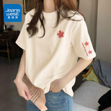 真维斯（Jeanswest）纯棉短袖女夏季2026新款休闲百搭半袖体恤衫女士潮流t恤女上衣服 米色 格子小红花_K-格子小红花 XL