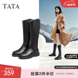 他她（TATA）黑色V口长筒靴女英伦加绒抗寒高筒靴骑士靴冬季G5JA1DG2 黑色（单里） 38