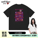 查尔斯桃心  潮牌T恤男女同款可爱卡通纯棉学生情侣装打底衫短袖 黑色 M 