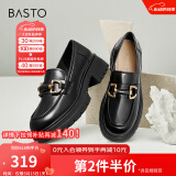 百思图秋商场同款软羊皮松糕厚底英伦风乐福小皮鞋女TFW29CA2 黑色 34