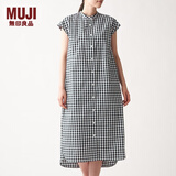 无印良品 MUJI 女式 棉混弹力 法国袖连衣裙 BCL14A0S 黑色X格子 L