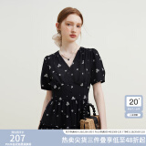 范思蓝恩23FS12642茶歇法式碎花连衣裙女夏季新款V领沙滩长裙 黑底白花 S
