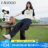 lagogo撞色翻领短袖T恤女拉谷谷春季新款休闲透气插肩短款上衣 米黑(TW) M