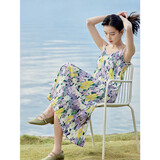 茵曼女装吊带碎花印花连衣裙春夏季海边度假风长裙子 香芋紫 M