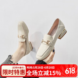 ZHR单鞋女英伦风舒适方头乐福鞋女增高两穿粗跟小皮鞋女猪皮鞋垫透气舒适 K196 米色 36