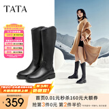 他她（TATA）黑色V口长筒靴女英伦加绒抗寒高筒靴骑士靴冬季G5JA1DG2 黑色（绒里） 37