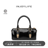 INJOYLIFE锁扣法棍包女新款复古手提小圆筒包通勤单肩斜挎包 黑色