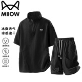 猫人套装男夏季短袖T恤立领运动休闲短裤速干两件套男装 黑色套装 3XL