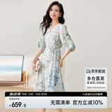 尚都比拉[100%桑蚕丝]夏季短袖真丝连衣裙女V领高级感气质印花裙 花色 S